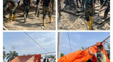 Anggota Koramil 02 Karang Sertu Juandi melaksanakan pengawasan pembokaran tenda